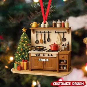 Custom Name Kitchen Christmas Ornament, Acrylic Cooking Stove Decoration, Personalized Chef Gift, Holiday Tree Ornament, Culinary Christmas Decor