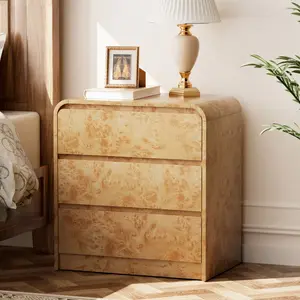 3 Drawer Wood Dresser with Rounded Edge, Bedroom Storage Cabinet, Mid Century Chest of Drawers, Burl Finish, Natural, Base, 23.62’’W*15.55’’D*25.2’’H, Medium