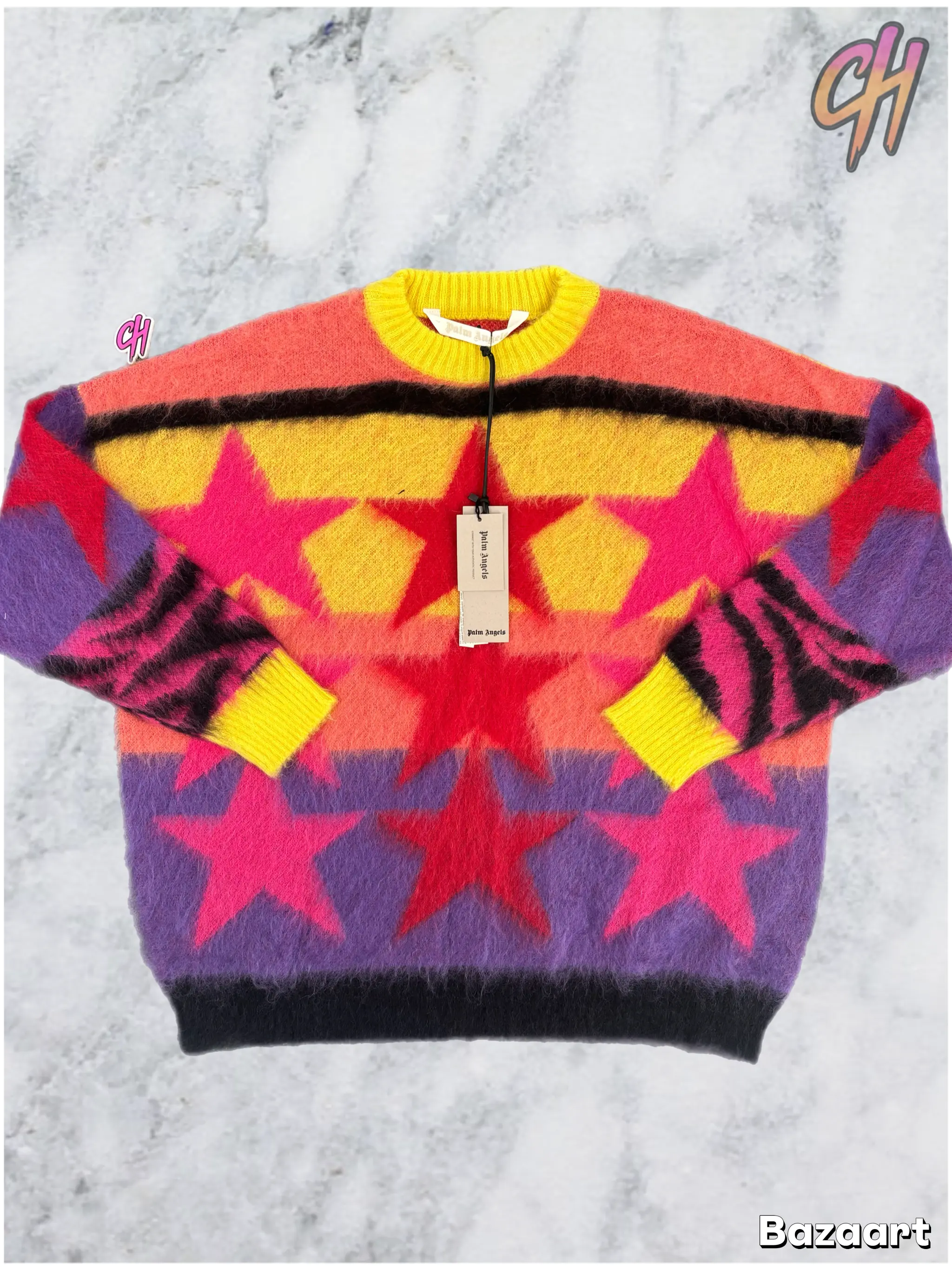 Palm Angels Womens Mohair Stars Sweater Yellow Purple Size Medium