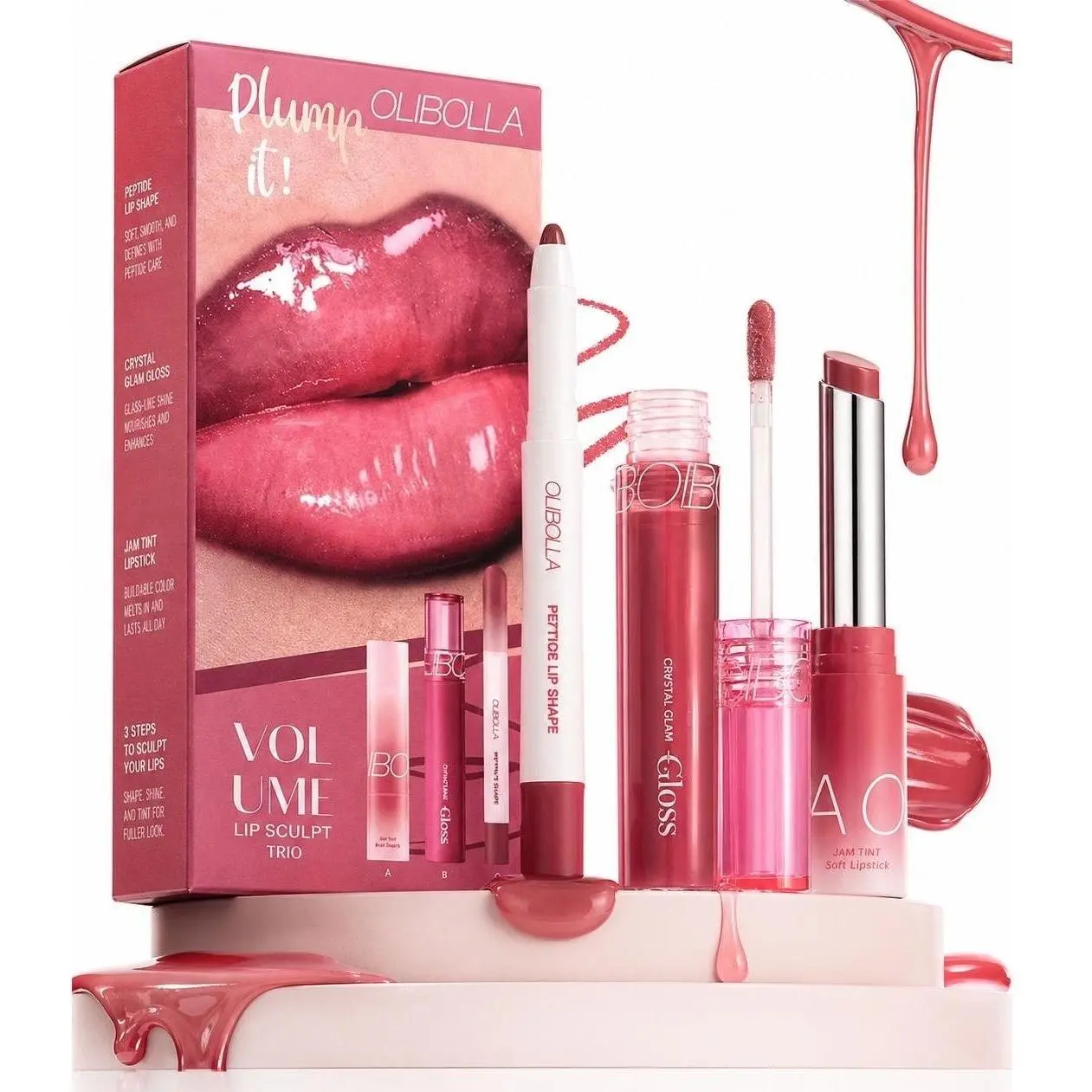 OLIBOLLA Volume Lip Sculpt Trio Set, 3-Piece Plumping Multi-Pack with Peptide Liner, Lipstick, Gloss & Mirror - Waterproof, Long-Lasting, High-Pigmentation, Smudgeproof Nude Brown Beauty Makeup That Plumps Glossy Crystal