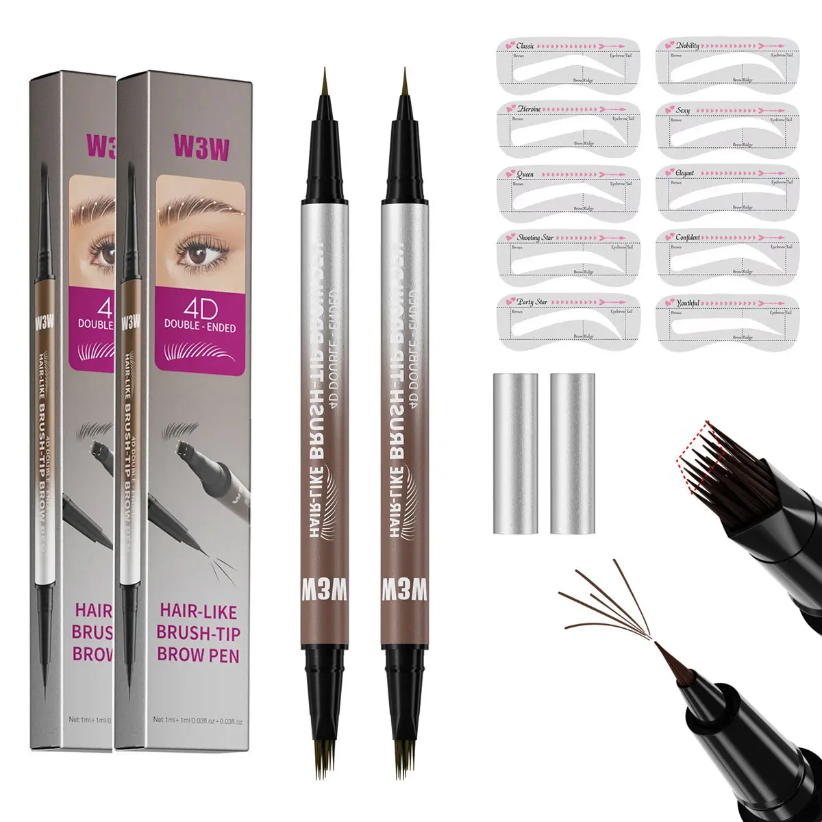 2-Pack 2-in-1 Waterproof Microblading Eyebrow Pen with 10 Reusable Stencils, 4D Hair-Like Brow Pencil, Smudge-Proof Long Lasting