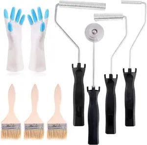 4 count Fiberglass Roller Tools and 1 count Detail Brushes with 1 Pair Glove Kit, Fiberglass Bubble Paddle Tool Laminating  Roller Kit for Mold  Fiberglass  Tub Shower Bathtub