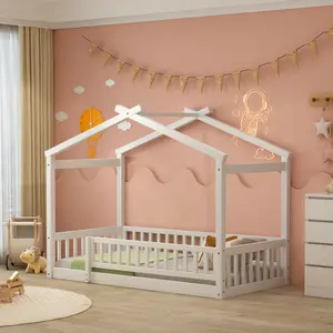 Twin Playhouse Bed Frame, Twin Floor Bed with Fence Railing, Wooden Twin size Bed Frames for Bedroom, No Box Spring Needed, White