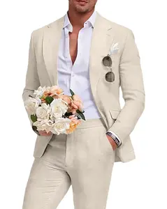Men's Linen Suit 2 Piece Slim Fit Summer Beach Wedding Dress Prom Party Suit Blazer Jacket and Pants