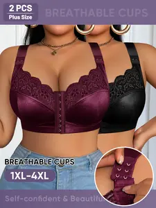 YDQ 2Pack【Plus Size Sexy Bra 1XL-4XL】Women's Bras Women's Underwear Full Coverage Push Up Front Closure Plus Size Lace Trim Adjustable Strap Hook-and-Eye Back Closure Sleep Bras