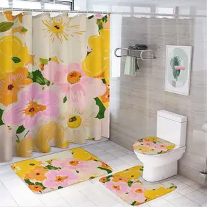 Vibrant Yellow Pink Floral Bathroom 4-Piece Set Waterproof Polyester Shower Curtain Flannel Bath Mat U-Shaped Toilet Lid Cover Base Rug Bright Flower Spring Summer Home Decor