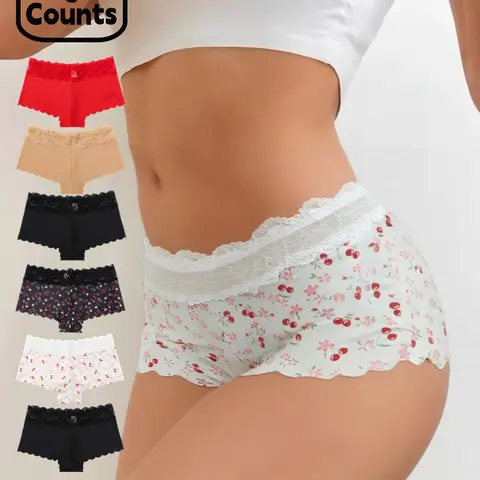 Women's 6-Pack Lace Trim Panties, Cute Cherry Print Wave Edge Flat Lined Elegant Underwear, Perfect for Dating & Daily Wear