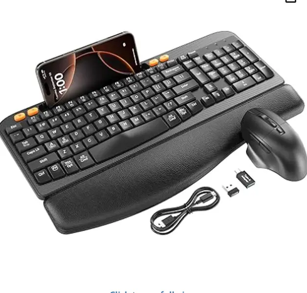 SABLUTE MA22 Wireless Keyboard & Mouse Combo - Ergonomic Wave Keys, Cushioned Palm Rest, Rechargeable, Type-C Phone Holder, Whisper Mouse, 99% Device Compatibility (Non-Bluetooth)