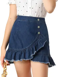 INSPIRE CHIC Ruffle Irregular Hem High Waist Lightweight Mini Jeans Denim Skirt