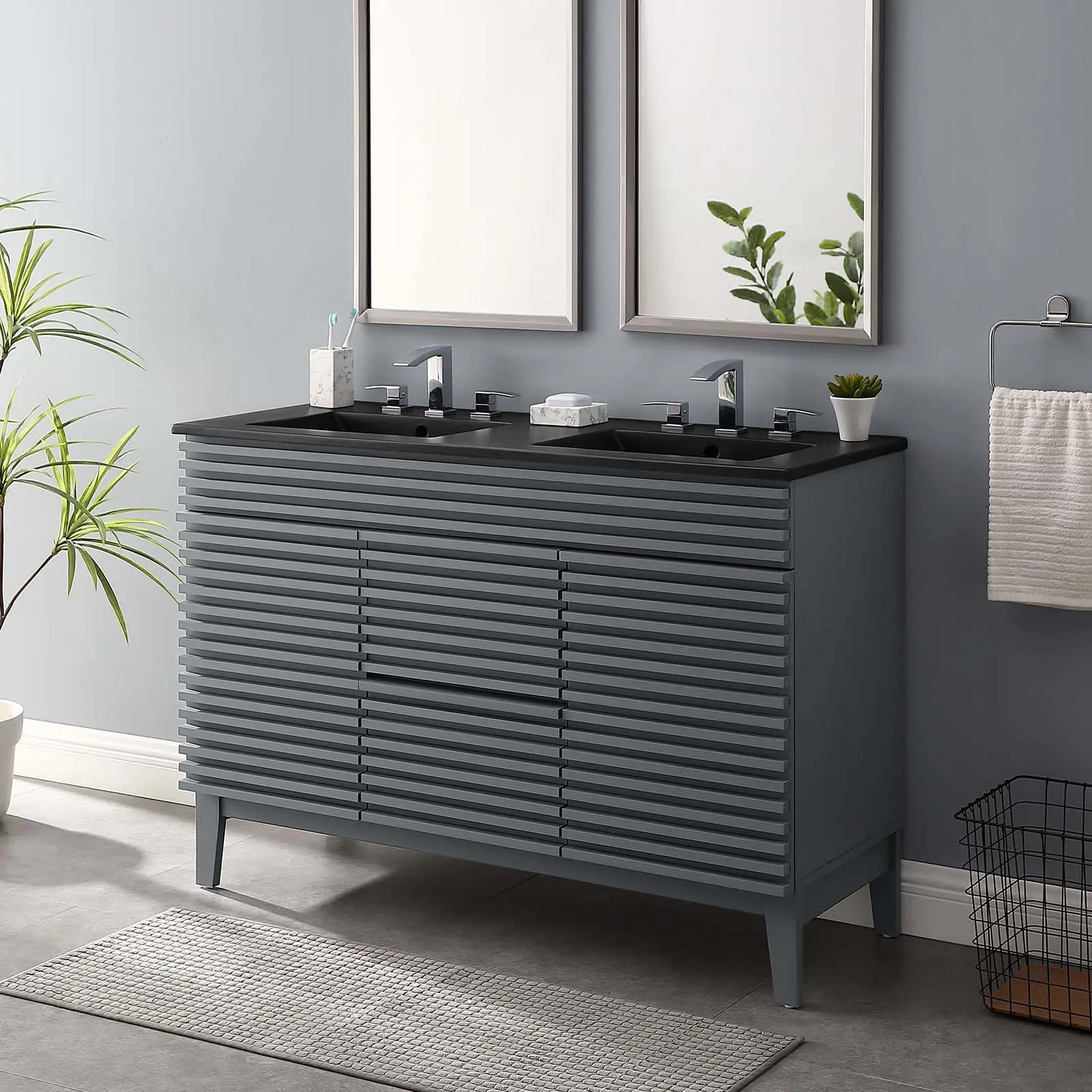 Modway Render 48" Double Sink Gray-Black Bathroom Vanity, Wooden Bathroom Cabinet