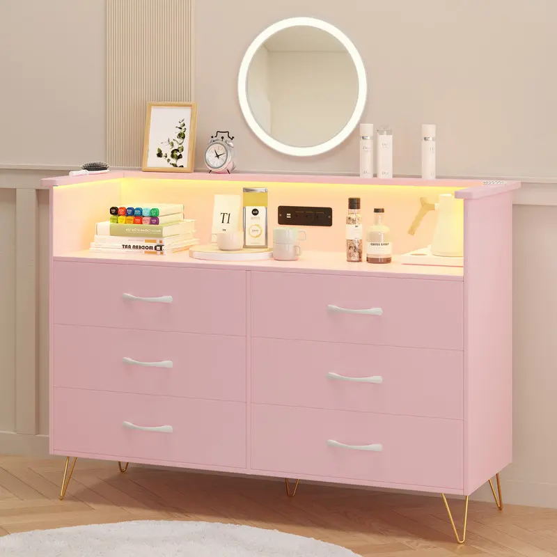 LED 6-Drawer Dresser for Bedroom - Wood & Steel Storage with Charging Station, Easy-Pull Handles for Living Room/Closet,Pink