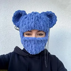 1 Unisex Blue Fleece-Lined Hat with Bear Ears and Chain Accent — Stretchy Fit, Windproof & Warm; Ideal for Winter Occasions, Halloween, and Outdoor Activities — Hand Washable | Winter Hat, Halloween Headwear, Stylish Headpiece, Soft Texture