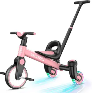 Umatoll 3-in-1 Toddler Tricycle for 18 Months to 5 Year Old, Toddler Toy with Adjustable Push Handle, Gift for Boy Girl Age 2-4, 360° Light-Up Drift Wheels #Summervibes
