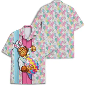 Cute Bigfoot Easter Hawaiian Shirt, Sasquatch Bunny Egg Spring Holiday Button Down Shirt, Easter Celebration Aloha Shirt for Adults and Youth