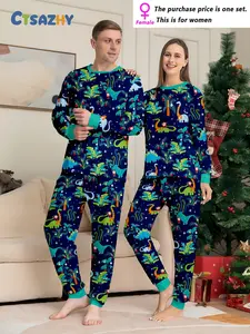Dinosaur tropical plant prints, round neck design, family gatherings, Christmas gifts, holiday pajamas, festival home wear, casual pajama sets, couple sets, durable home wear