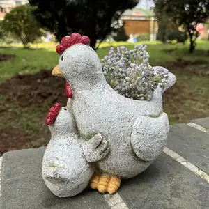 Resin Planter with Hen & Chick Design, Wisteria Vine Detail, Resin Flower Pot, Outdoor Garden Decoration, Ideal Thanksgiving Gift for Nature Lovers