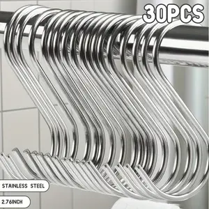 30pcs Durable stainless steel S-hooks, safe bending design, space-saving storage solution, sturdy and durable
