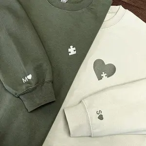 Embroidered Heart Puzzle Sweatshirt, Couples Matching Sweatshirt, Initial with Heart on Sleeve, Anniversary Gift for Couple, Valentines Day Sweatshirt