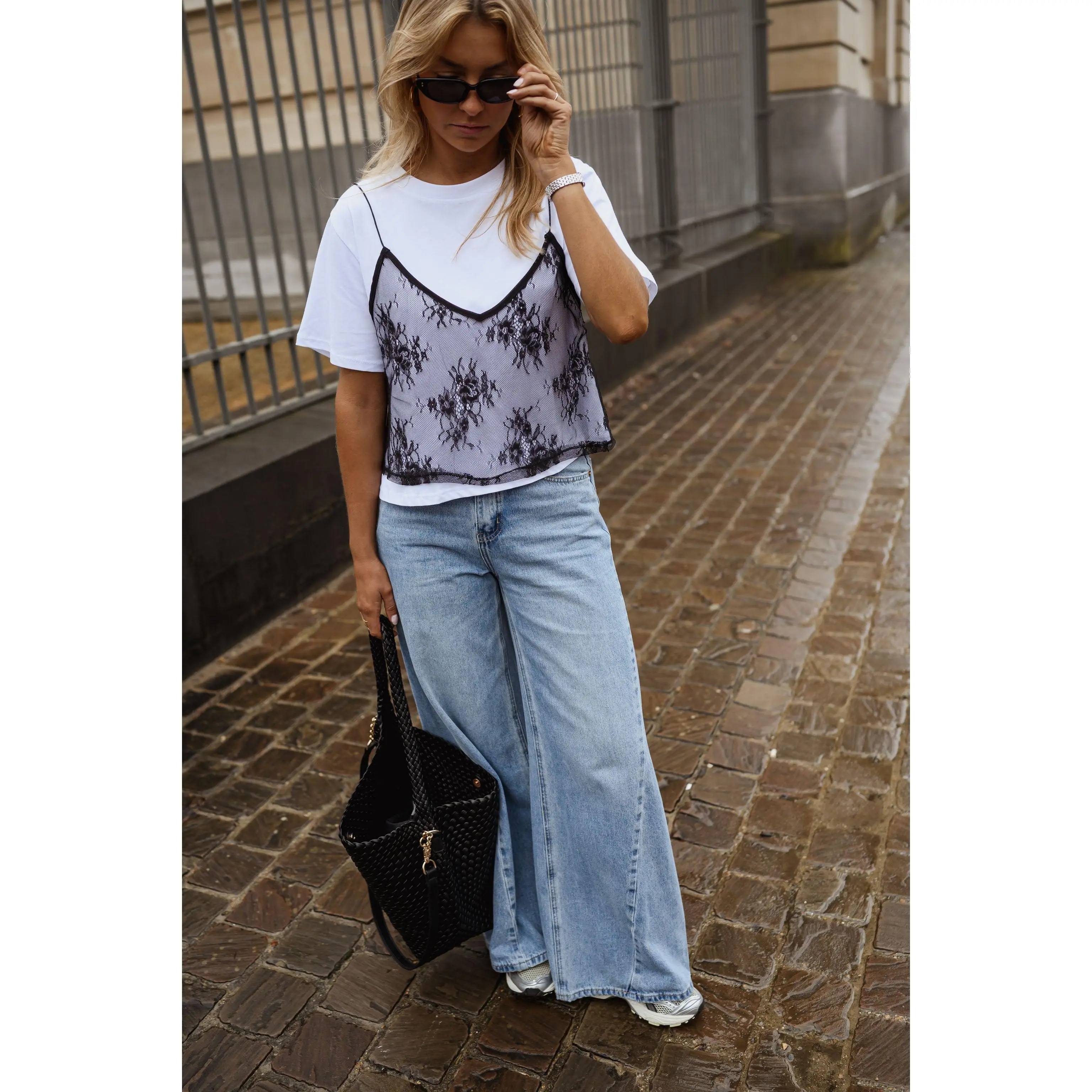 EASY CLOTHES Women's White Gwen Loose Polyester T-shirt, Versatile for Pairing with Jeans, Accented with Delicate Lace Details
