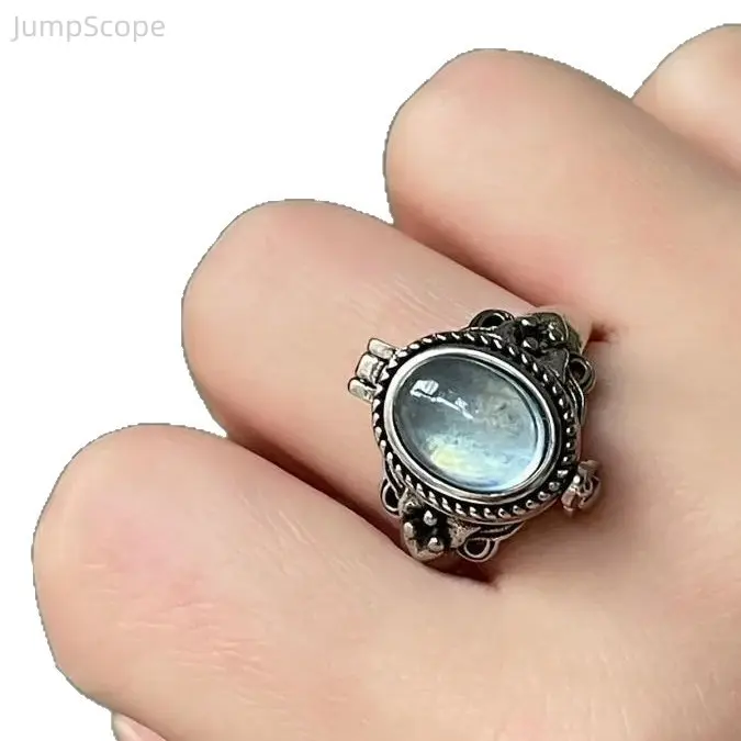 Vintage Oval Light Blue Crystal Open Ring, Antique Silver Ornate Filigree Adjustable Band Ring, Dainty Luxury Niche Aesthetic Statement Pinky Ring for Women