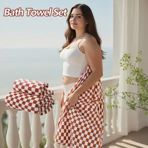 2-Piece Checkerboard Bath Towel Set, Including 1 Bath Towel (90 × 180 cm), 1 Hand Towel (35 × 75 cm), Large-Sized Towel, Soft and Absorbent, Suitable for Family, Travel, Fitness, Personal Use, and Gifting