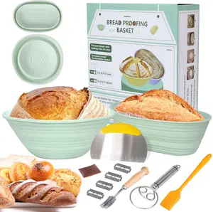 Silicone Banneton Bread Proofing Baskets, 9 Inch Round & 10 Inch Oval Foldable Sourdough Baking Basket, Complete Set for Bread Making With Essential Tools, Easy to Clean and Storage (Green)
