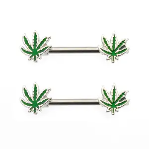 Surgical Steel Nipple Ring Barbell 14 Gauge with Pot Leaf Front Design