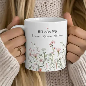 Personalized Mom Mug with Kids Names Floral Coffee Cup Mother’s Day Gift High Waist Glossy Ceramic Dishwasher Safe ORCA Coated Drinkware Customized