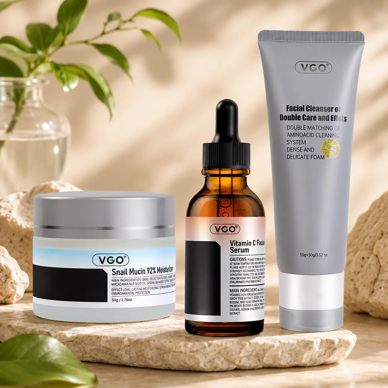 VGO Face Care Collection with Cleanser, Vitamin C Facial Serum & Snail Mucin Cream - 3-Step Daily Skincare Routine, Lightweight & Smooth for Beginners, Cleansing, Evening, Silky, Set, Facial Cleanser, Smooth Skin Routine, Soft Skin, Daily Care, Unisex, Gl