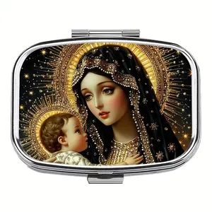 Elegant Mother Mary and Baby Jesus Pill Box Pocket Wallet, Great Gift Idea, 2 Compartment Travel Pill Organizer