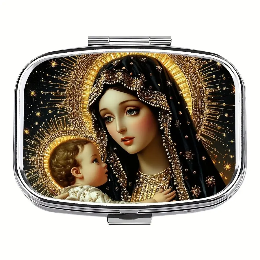 Elegant Mother Mary and Baby Jesus Pill Box Pocket Wallet, Great Gift Idea, 2 Compartment Travel Pill Organizer, Supplement Organizer
