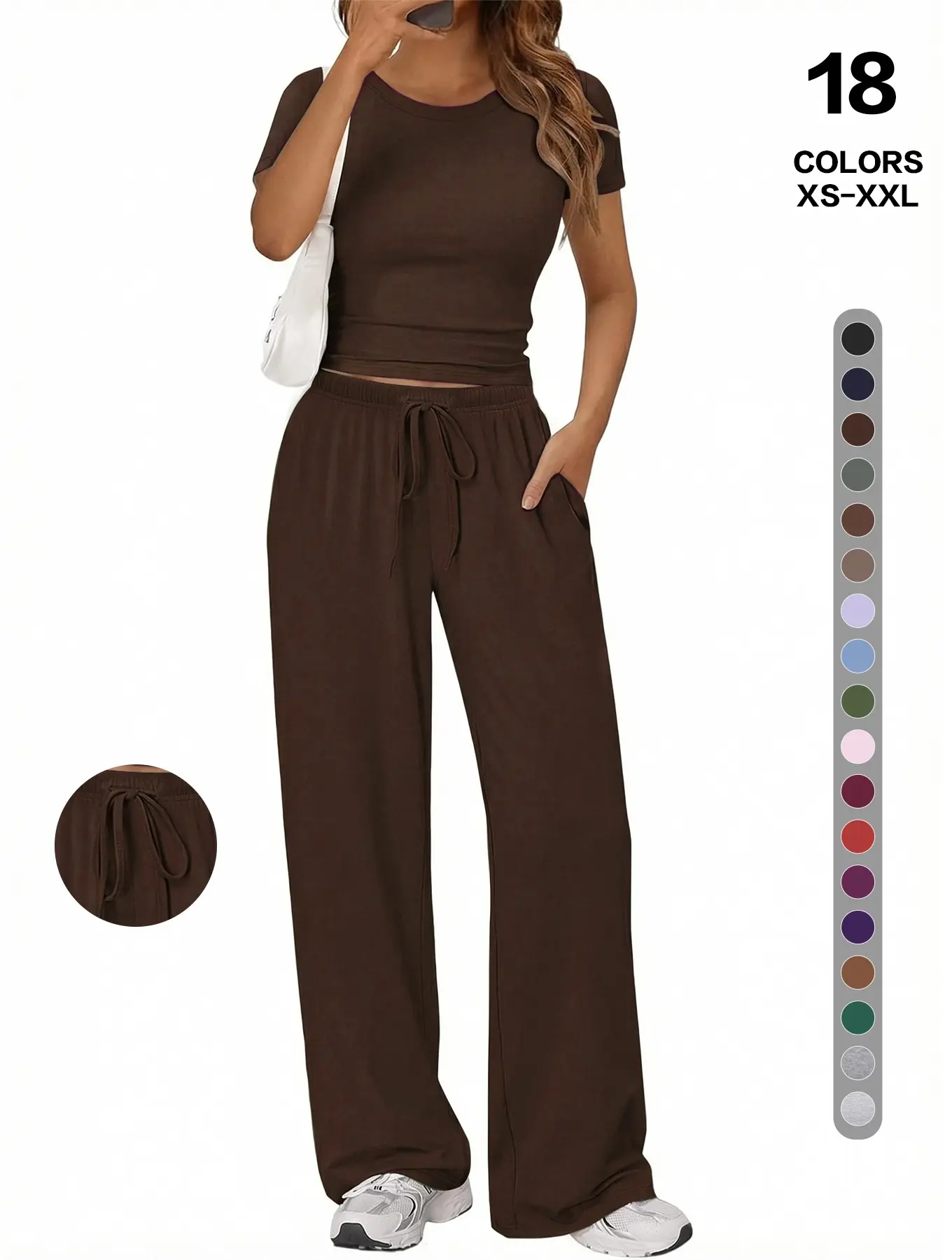 Simple Basic Casual Home Wear Set, Drawstring Adjustable Pocket Wide Leg Pants Two Piece Set, Comfortable Multi-Use, Summer Versatile, Slimming