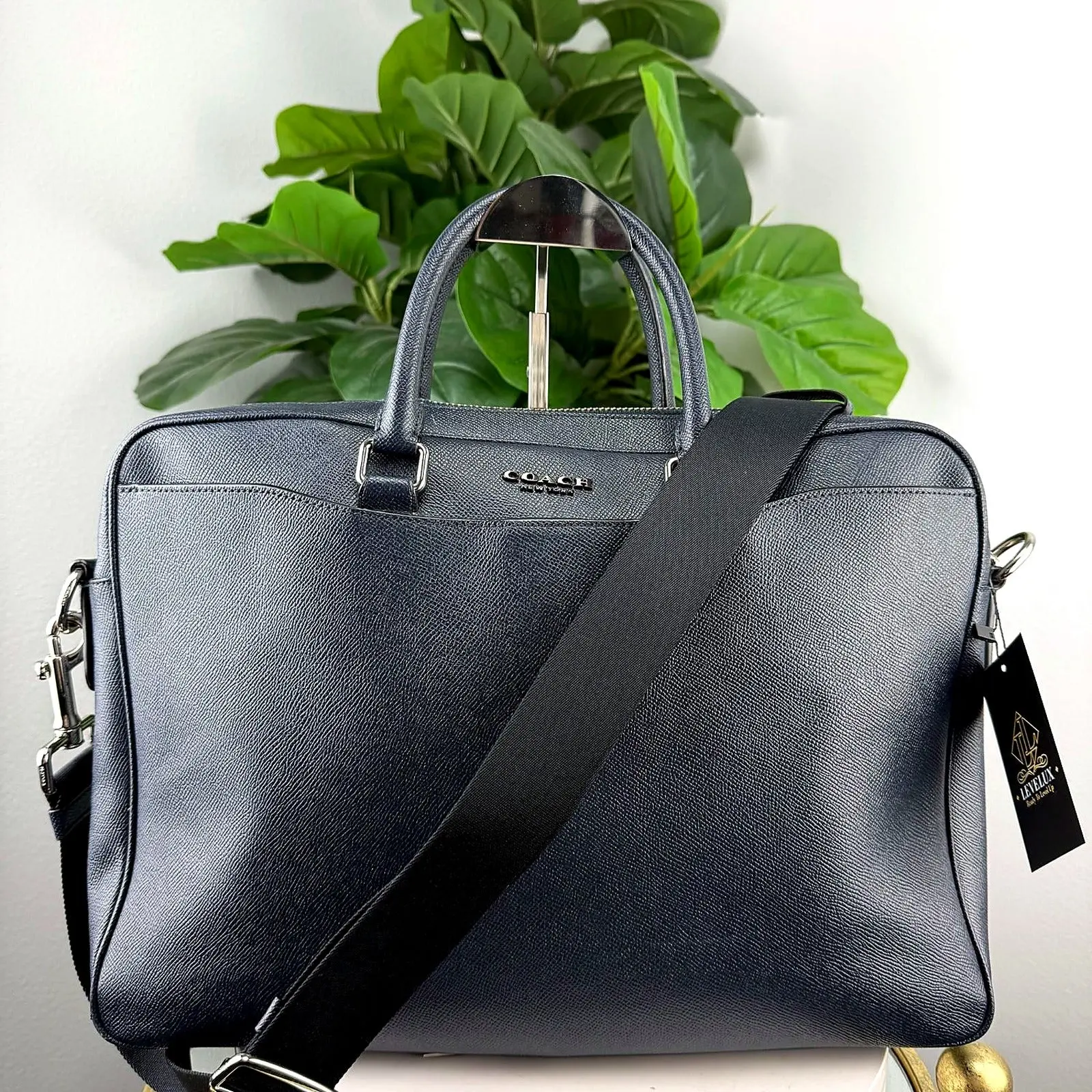 Pre-owned Crossgrain Leather Briefcase Bag Authentic Coach Navy New with Tags