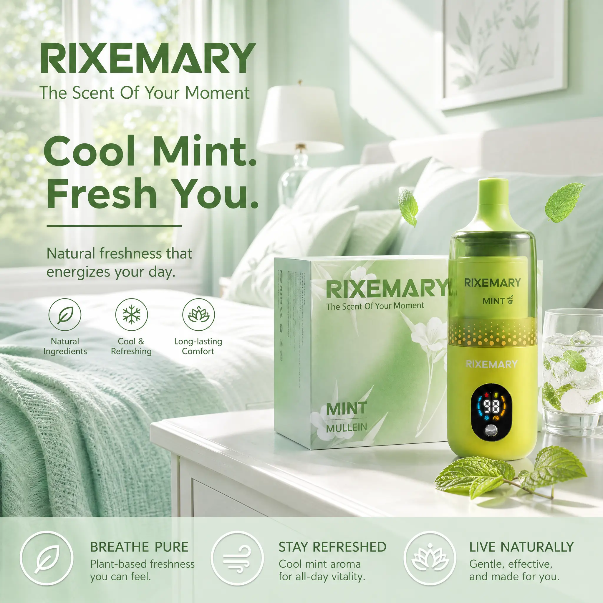 The mint aromatherapy diffuser is suitable for travel, office, and car use. It is a portable aromatherapy device that can be used for air purification and lung comfort relief.