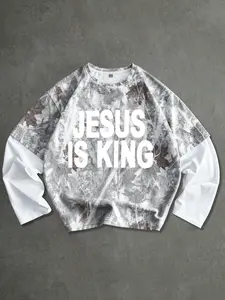 Unisex Jesusis King Letter Print Tree Branch T-Shirt, Fitted Casual Stylish Graphic Tee, Long Sleeve Patchwork Design, Fall & Winter Fashion