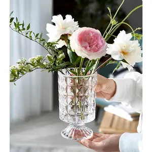 Embossed Glass Vase, 7''  Glass Vases , Pedestal Big Base Glass Bouquet Vase, Hydroponic Glass Transparent Vase for  Office Wedding Dining Table Party