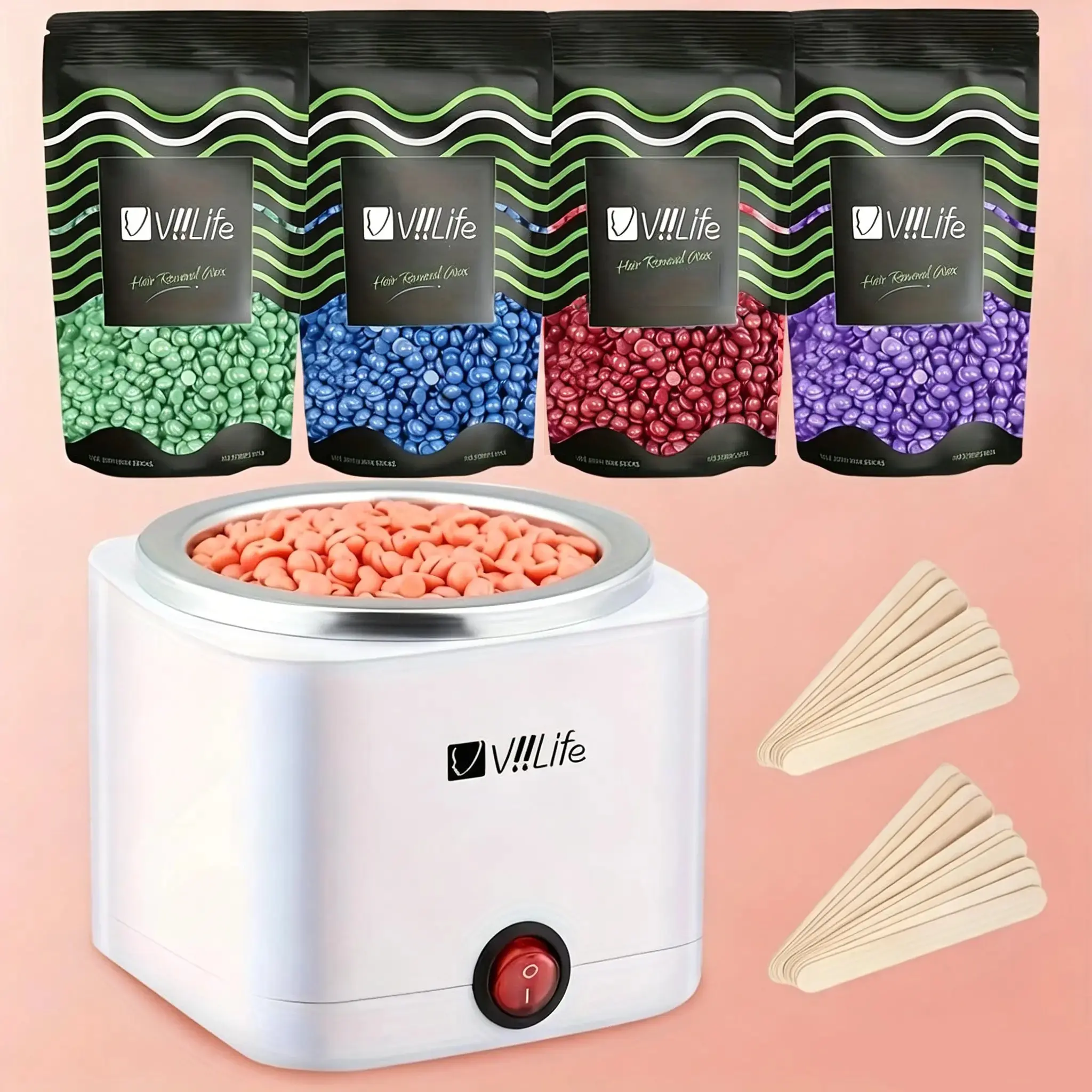 Viilife Waxing Kit 200cc, Wax Heater, 4 Packs Wax Beans, 20 Wooden Sticks, Home Use for Women, 110v Voltage, Plastic Enclosure