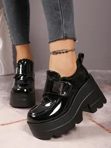 Women's 11CM Super High Platform Loafers | Vintage Preppy Street Style | Patent Leather Non-slip Chunky Sole Magic Tape Round Toe Shoes | For Ladies Daily Commute Party Club Wear