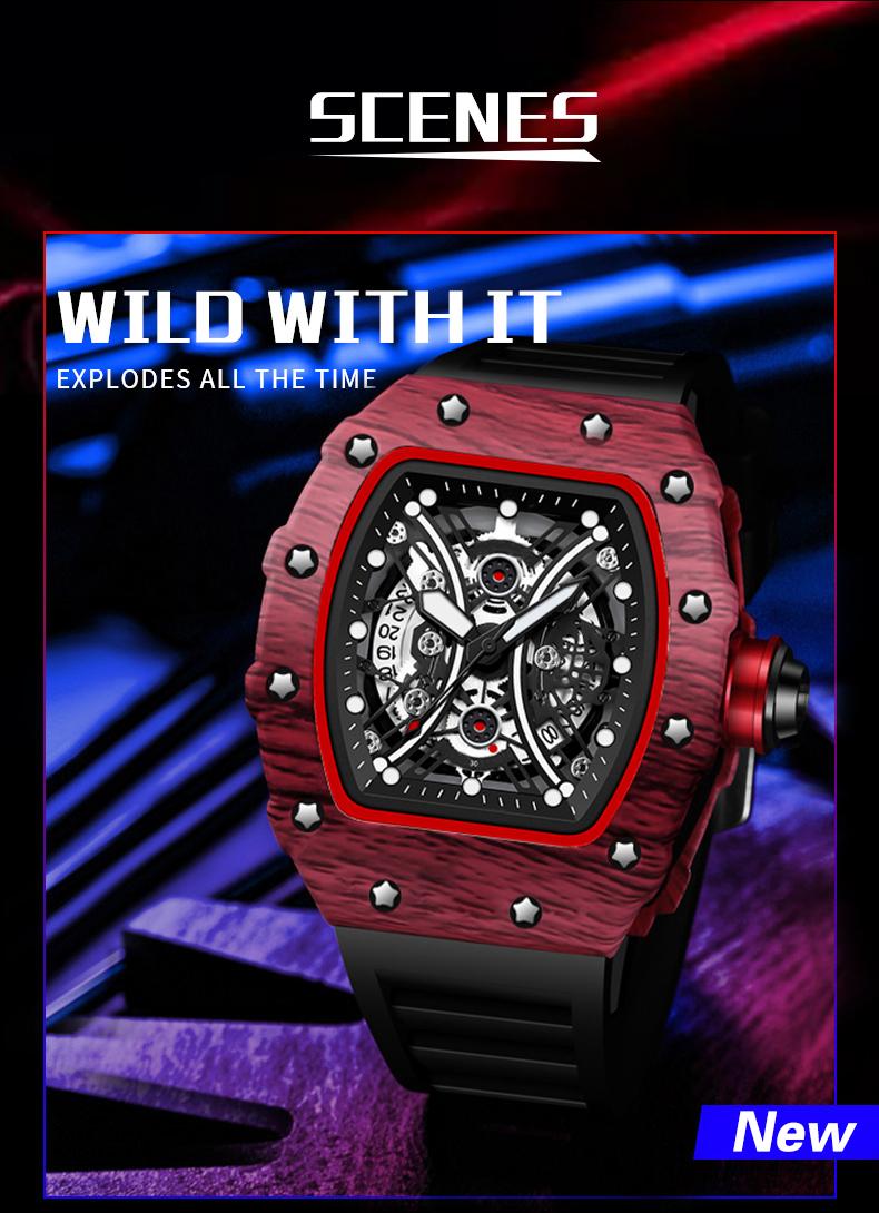 Men's Carbon Fiber Skeleton Tonneau Watch, Black Silicone Band, Sporty Quartz Wristwatch