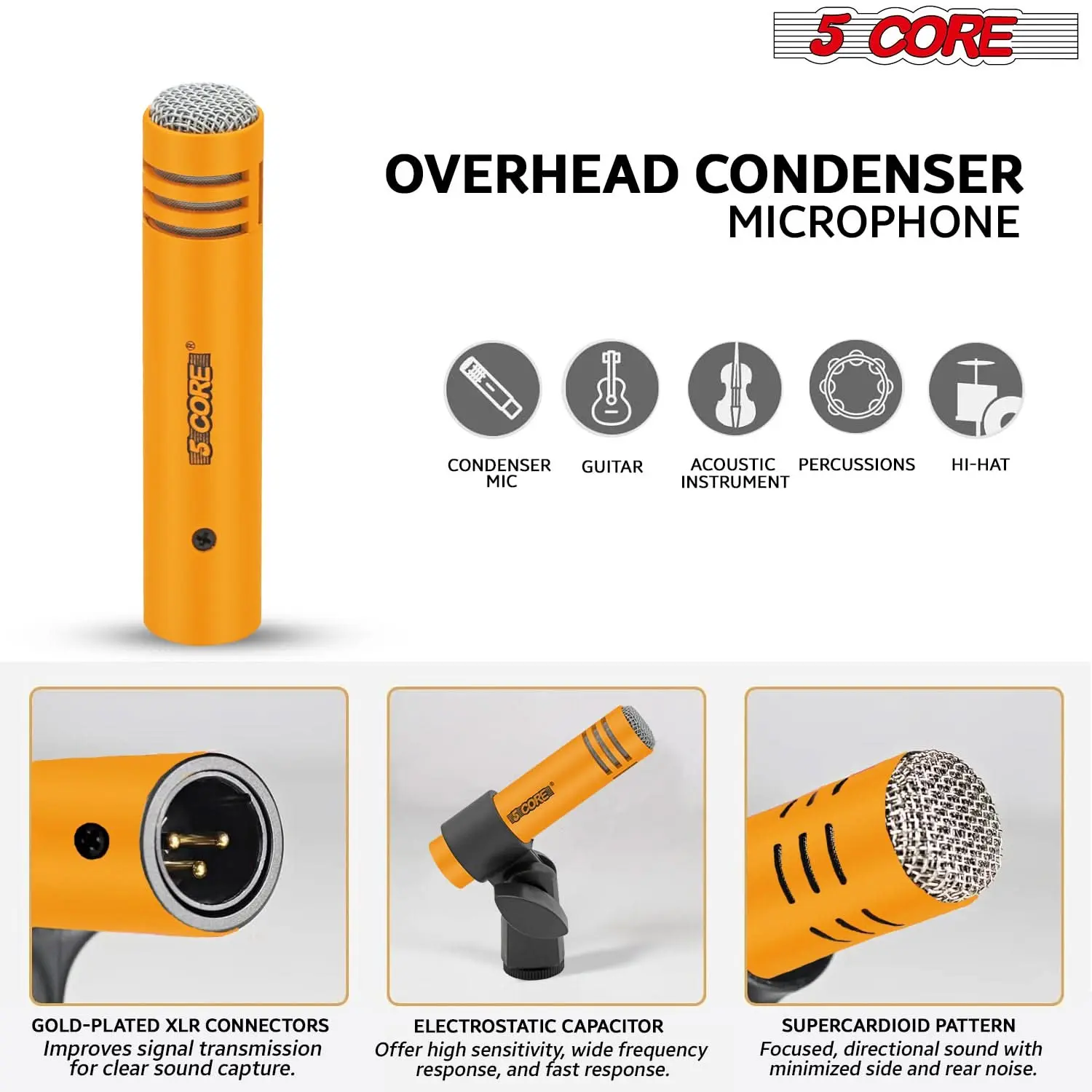 5Core Drum Mic Kit 7 Pcs Kick BassTom Snare Dynamic Microphone Instrument Mics Set Yellow