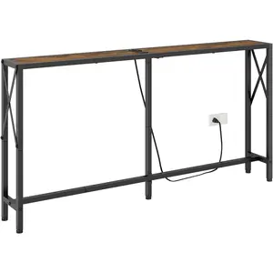 Console Table with Oulets and USB Ports, 55.1" Sofa Table Behind Couch, Industrial Long Skinny Stand for Hallway, Living Room, Bedroom, 6.5  Power Cord, Rustic Brown