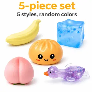 5Pcs 5 Styles Duck Banana Peach Fruit Squishy, Soft TPR Stress Relief Fidget Toy, Realistic Bun Squeeze Toy, Surprise Unboxing Gift for Kids