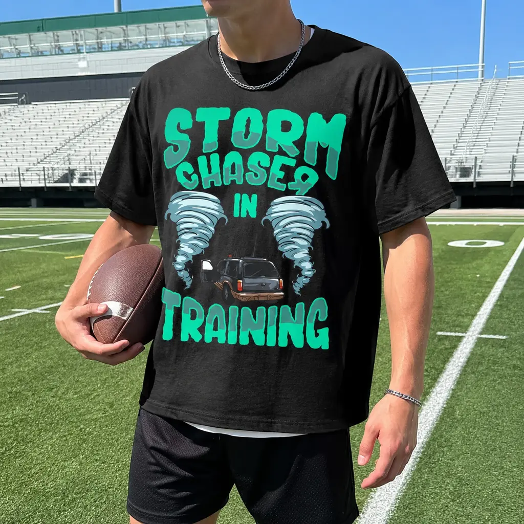 Mens Oversized Crew Neck Graphic T Shirt Storm Chaser In Training Tornado Vehicle Print Short Sleeve Casual Tee Weather Hobby Humor Top For Daily Outdoor Weekend Wear