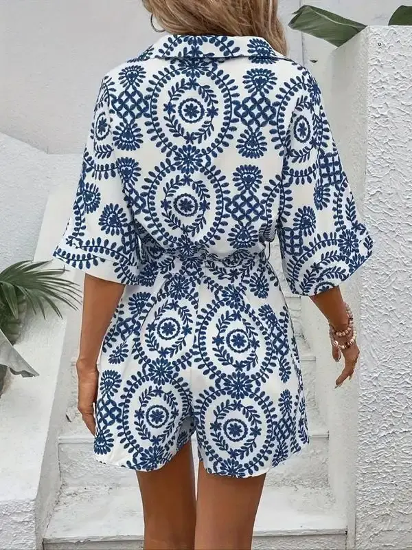 Womenswear Women's All Over Print Button Front Belted Shirt Romper Comfort Casual Bohemian Batwing Sleeve Collared Playsuit for Summer Daily Wear