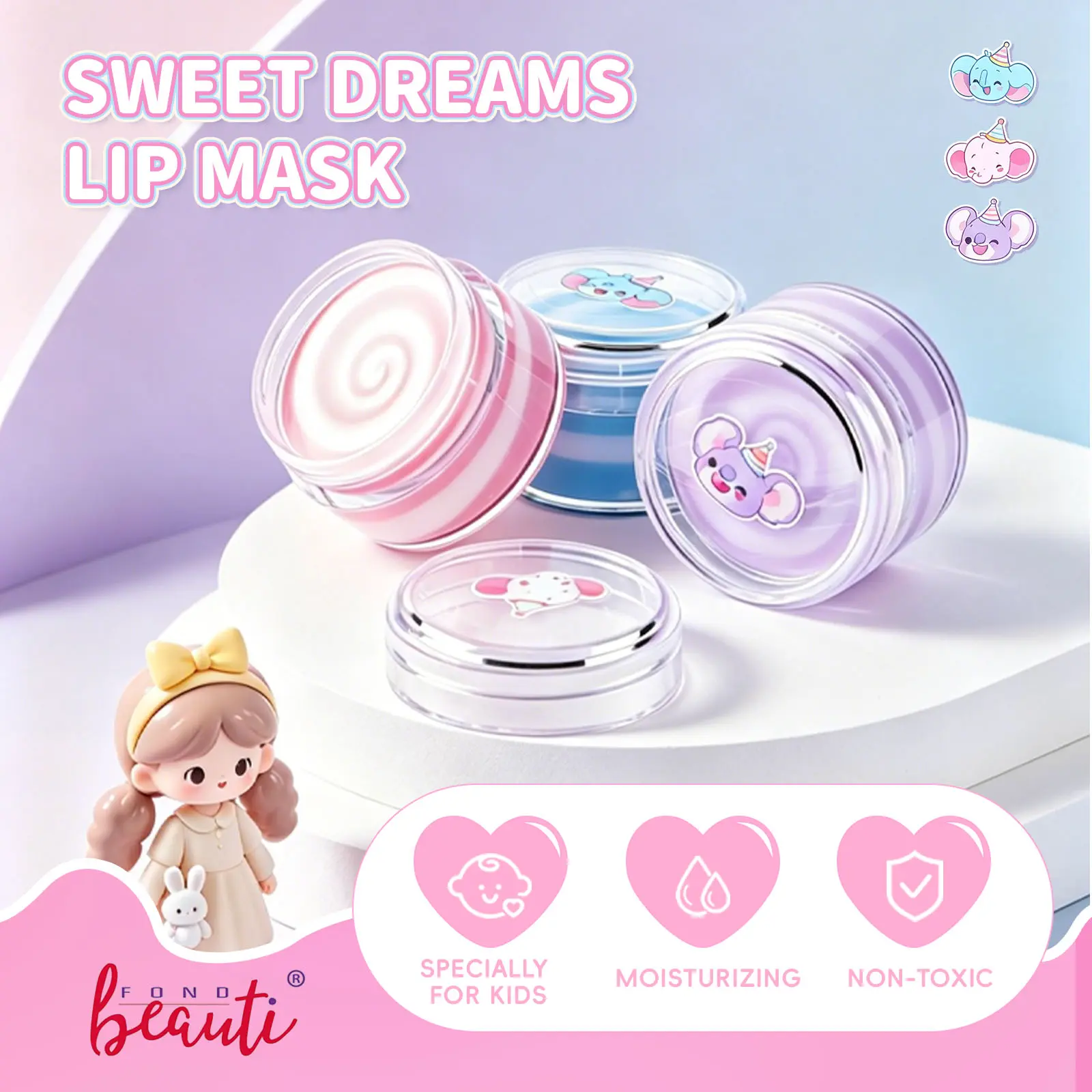 Fondbeauti Sweet Dreams Lip Mask for Kids - Moisturizing Lip Balm, Strawberry & Vanilla Scented, Kid Safe & Gentle