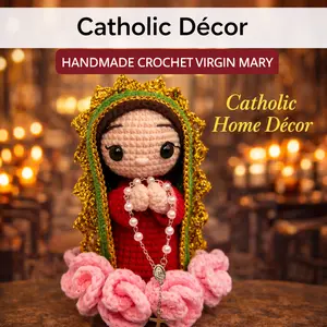 Handmade Virgin Mary Crochet Doll with Rosary – Our Lady of Guadalupe Catholic Decor, Religious Home Decor Gift