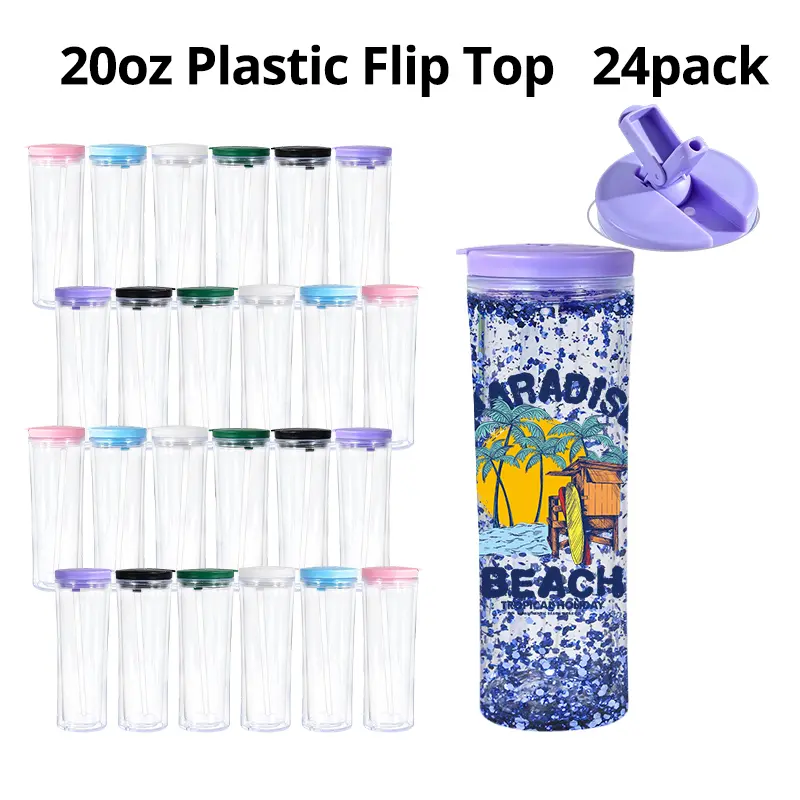 24-Pack 20oz Double-Wall Plastic Flip Straw Snow Globe Tumbler Water Bottles, with Flip Straw Lid, Washable Portable Cups, Pre-Drilled Hole, Suction Nozzle, Silicone Plug, for DIY, Festive Gifts