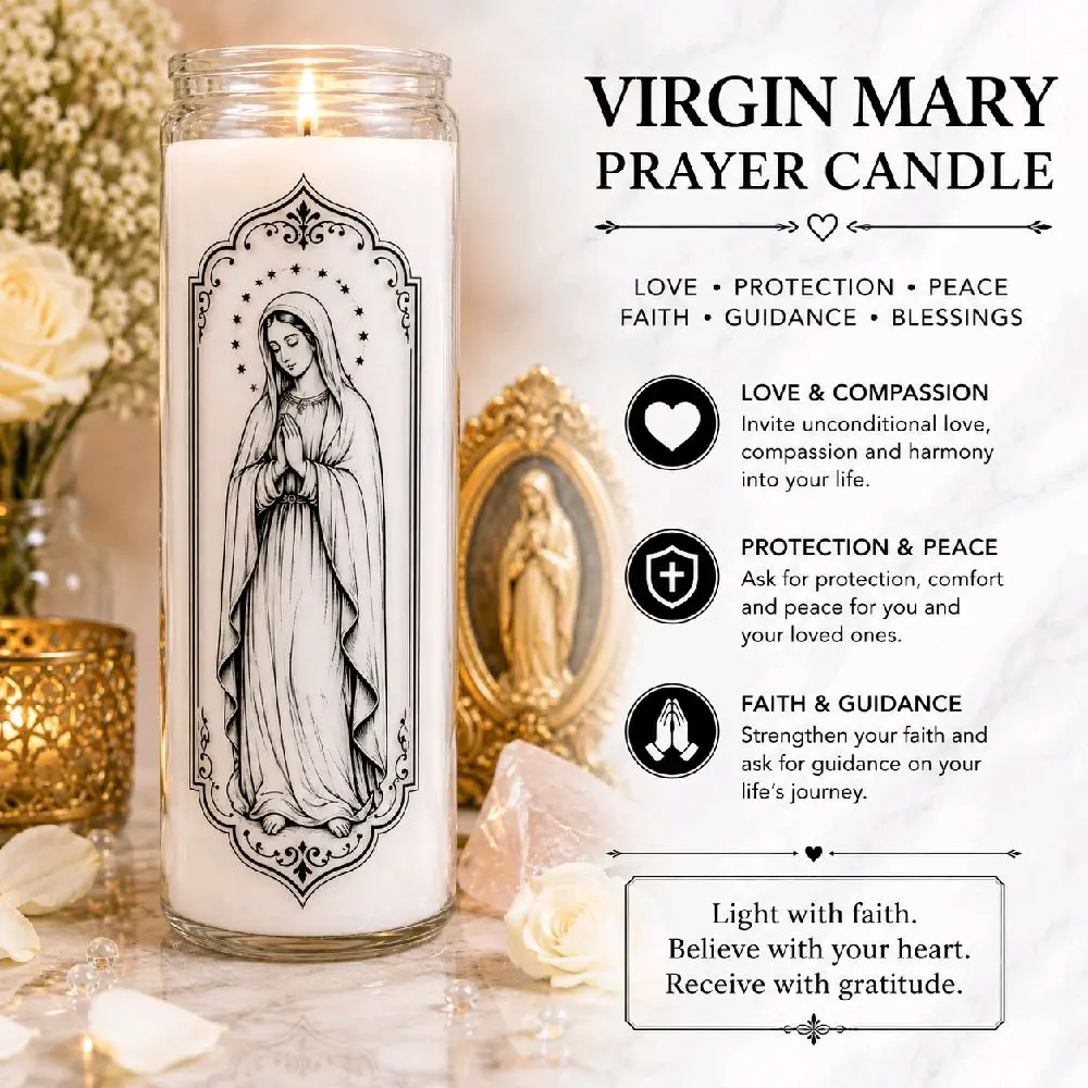 Virgin Mary Prayer Candle 8inches tall Unscented