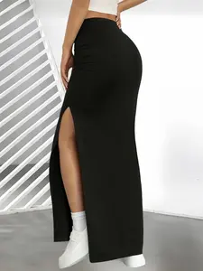 Women's Solid Color Slit Long Maxi Fitted Skirt, Elegant Fashion Casual Kint Skirt for Daily Outdoor Wear, Women Bottoms for Spring Fall