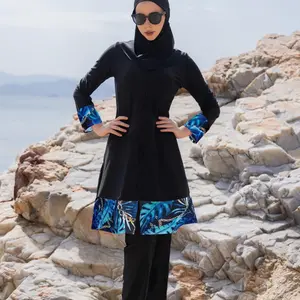 Women's Tropical Print Islamic Swimwear Three-Piece Set, High Stretch Modest Casual Long Sleeve Swim Top & Trousers & Hijab for Beach Holiday Vacation, Ladies Islamic Swimsuit for All Seasons, Islamic Swimming Suit